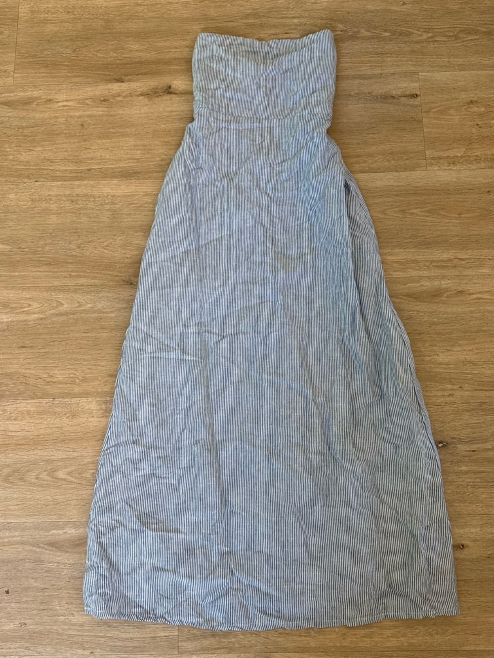 Olivaceous Strapless Blue & White Pinstripe Maxi Dress Small